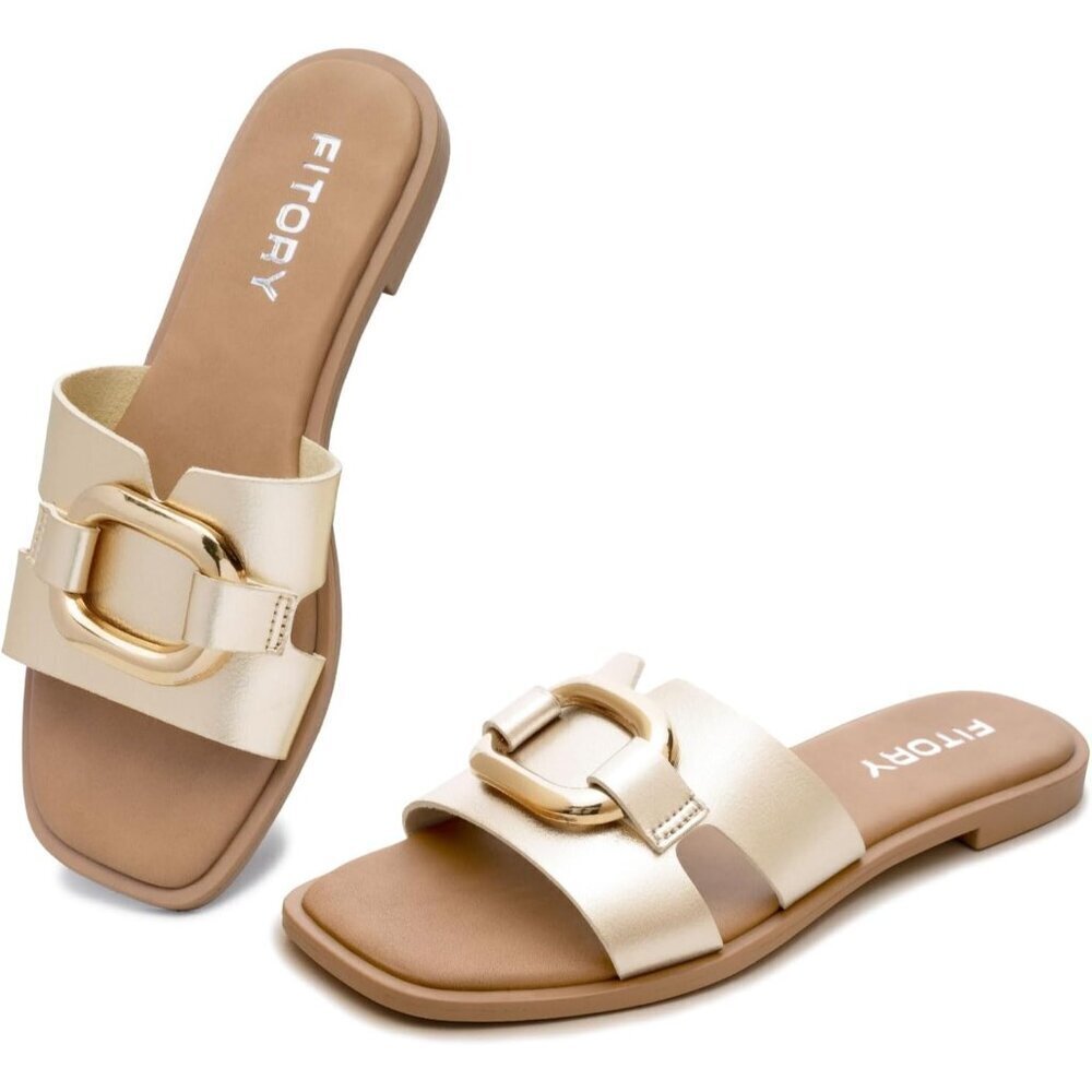 Women's Square Open Toe Slides PU Strap Metal Chain Slippers Flat Gold Sandals